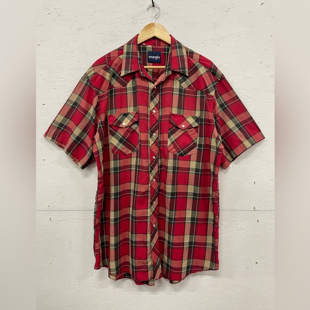 Vintage Wrangler Western Plaid Pearl Snap Button Short Sleeve Shirt, Size XLT
